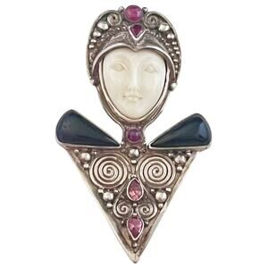 Sajen Brooch Pin Pendant Goddess Face Silver 925 Onyx Ruby Rhodolite Garnet Gems